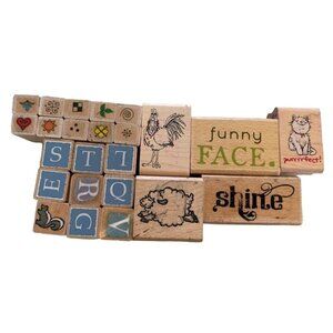 Wooden Rubber Stamp Set Funny Faces Letters Animals & More Crafting Fun